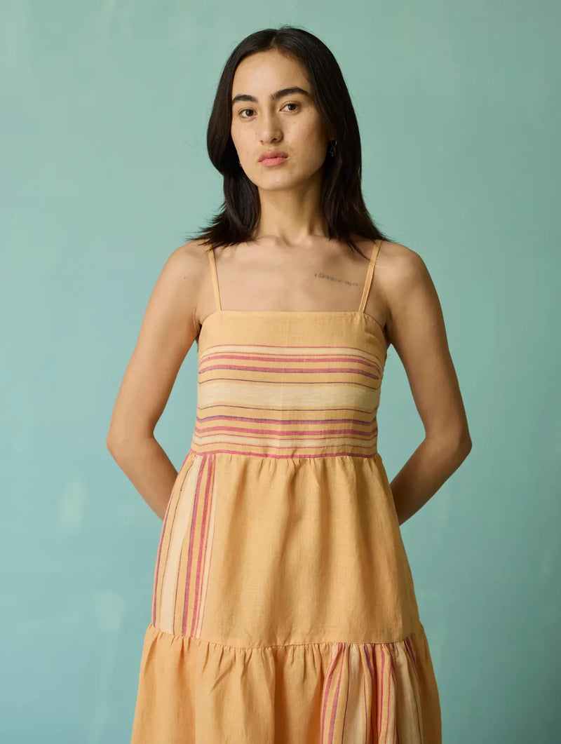 Pera Border Linen Tiered Dress - Apricot linen dress by Manan in apricot for women in Singapore