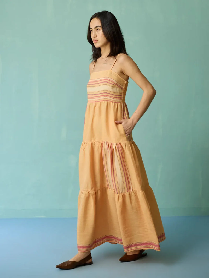 Pera Border Linen Tiered Dress - Apricot linen dress by Manan in apricot for women in Singapore
