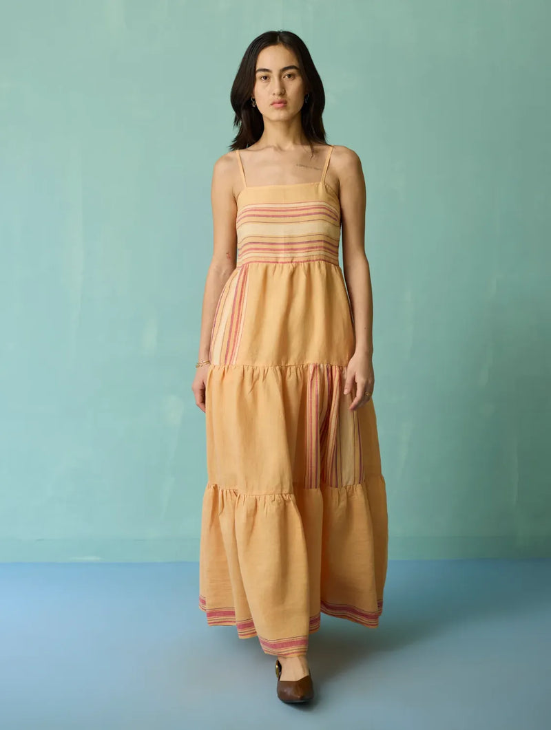 Pera Border Linen Tiered Dress - Apricot linen dress by Manan in apricot for women in Singapore