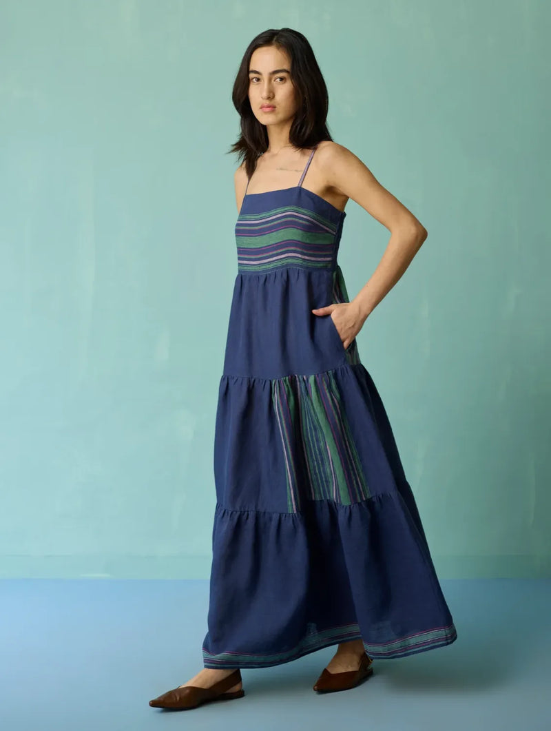 Pera Border Linen Tiered Dress - Indigo linen dress by Manan in navy for women in Singapore