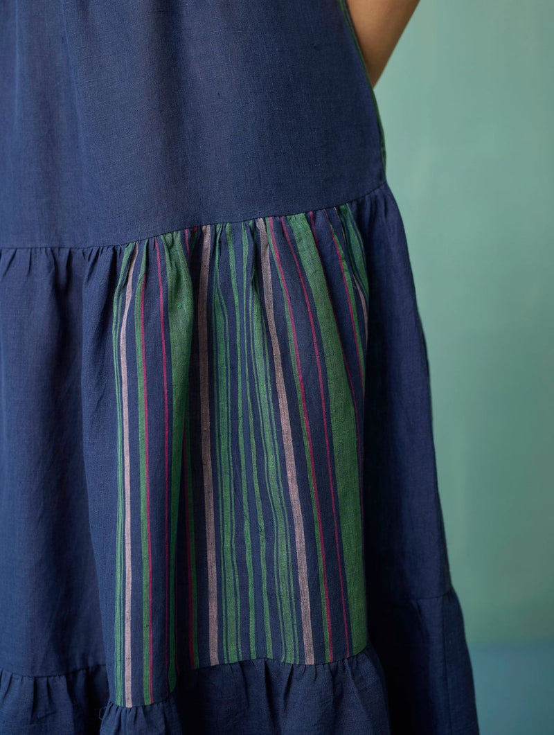 Pera Border Linen Tiered Dress - Indigo linen dress by Manan in navy for women in Singapore