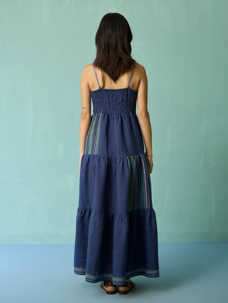 Pera Border Linen Tiered Dress - Indigo linen dress by Manan in navy for women in Singapore