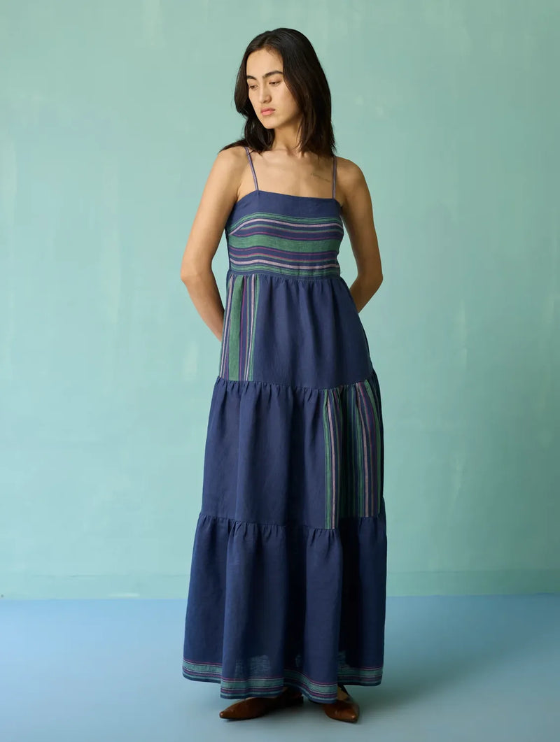 Pera Border Linen Tiered Dress - Indigo linen dress by Manan in navy for women in Singapore