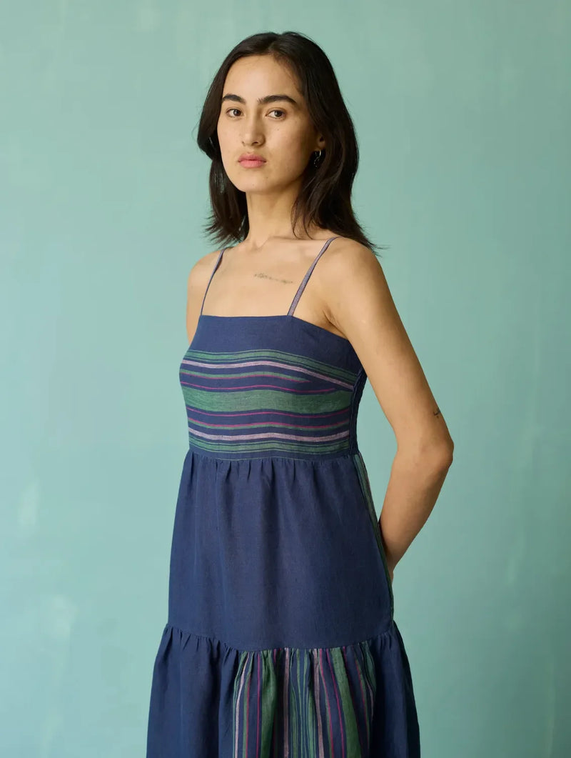 Pera Border Linen Tiered Dress - Indigo linen dress by Manan in navy for women in Singapore