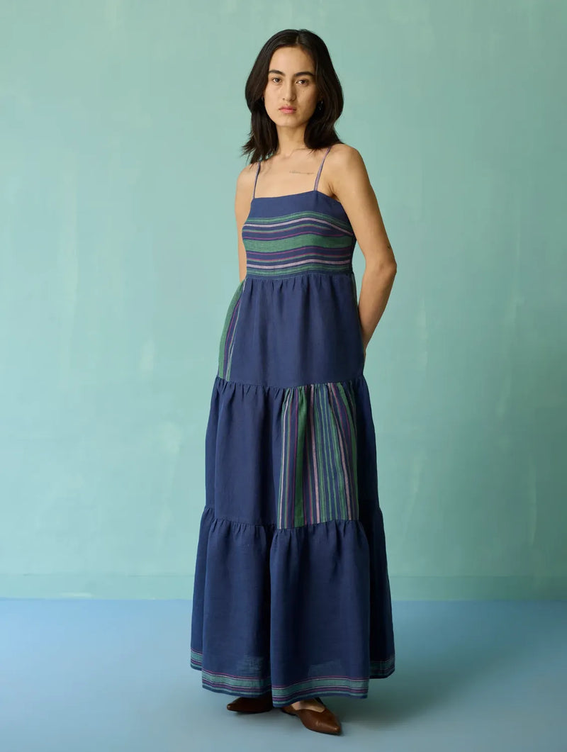 Pera Border Linen Tiered Dress - Indigo linen dress by Manan in navy for women in Singapore