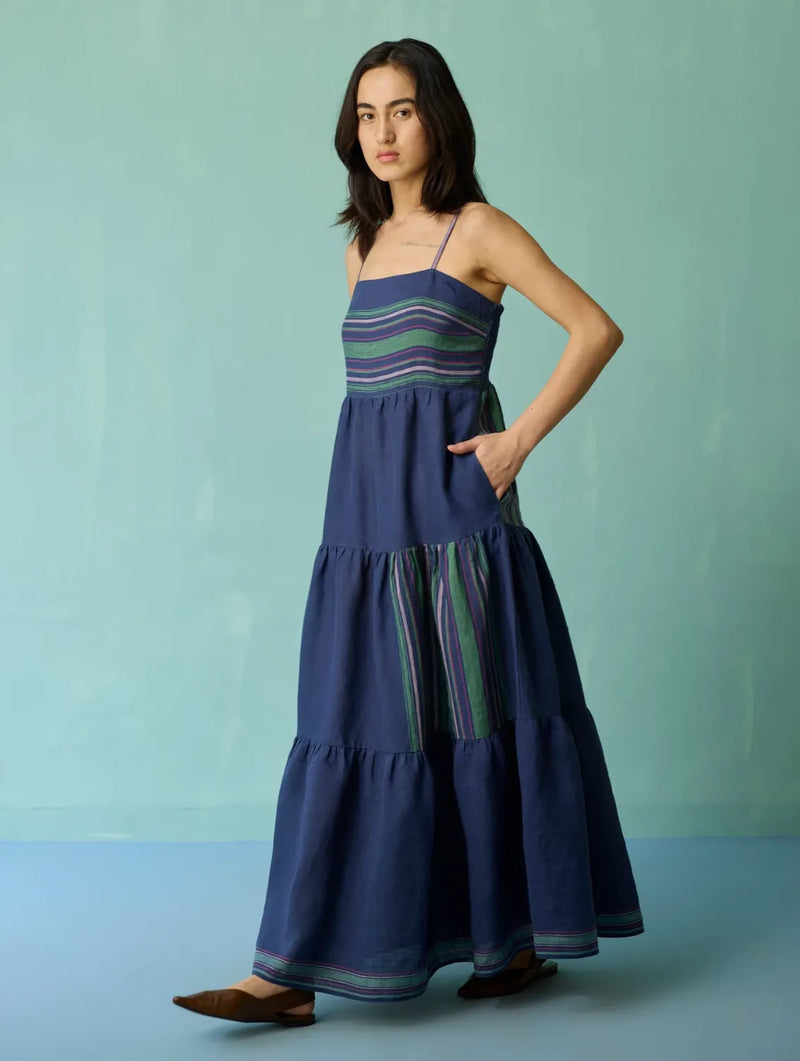 Pera Border Linen Tiered Dress - Indigo linen dress by Manan in navy for women in Singapore