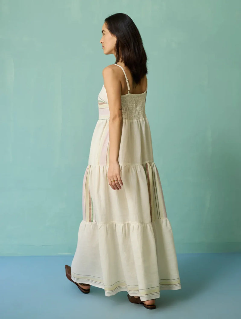 Pera Border Linen Tiered Dress - Ivory linen dress by Manan in ivory for women in Singapore