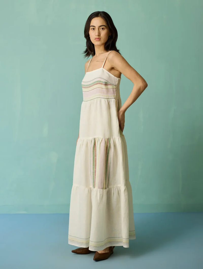 Pera Border Linen Tiered Dress - Ivory linen dress by Manan in ivory for women in Singapore