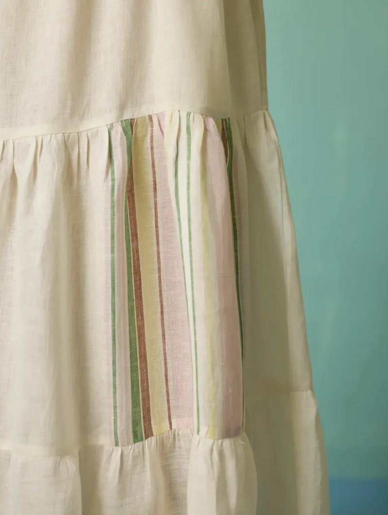 Pera Border Linen Tiered Dress - Ivory linen dress by Manan in ivory for women in Singapore