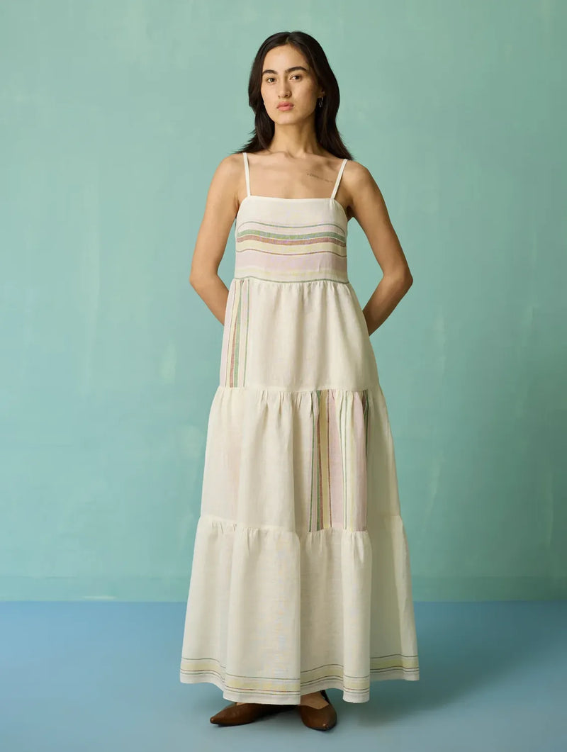 Pera Border Linen Tiered Dress - Ivory linen dress by Manan in ivory for women in Singapore