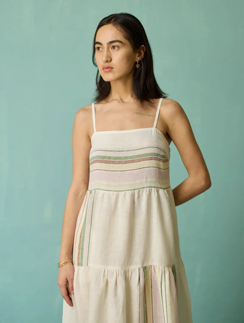 Pera Border Linen Tiered Dress - Ivory linen dress by Manan in ivory for women in Singapore