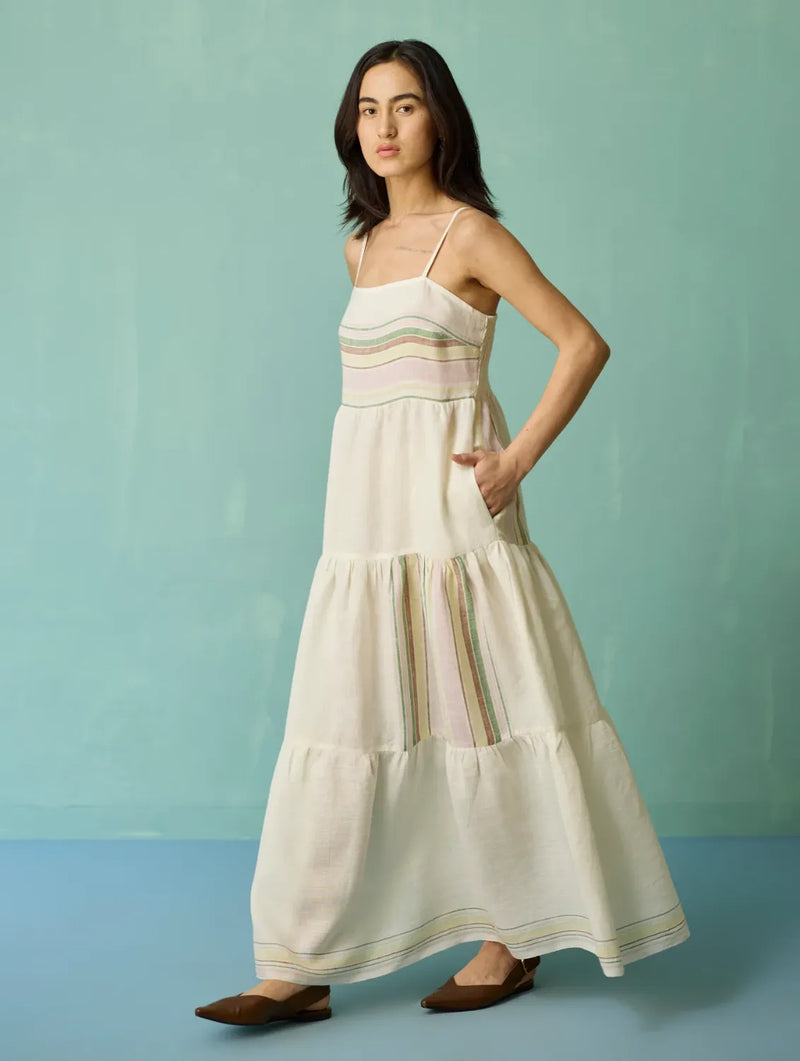 Pera Border Linen Tiered Dress - Ivory linen dress by Manan in ivory for women in Singapore