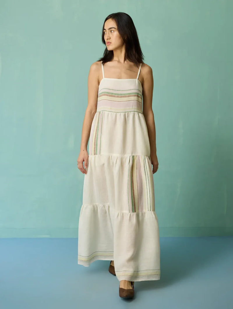 Pera Border Linen Tiered Dress - Ivory linen dress by Manan in ivory for women in Singapore