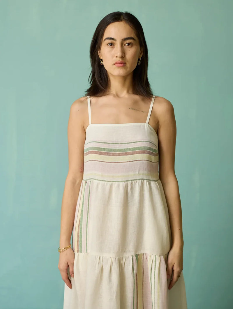 Pera Border Linen Tiered Dress - Ivory linen dress by Manan in ivory for women in Singapore