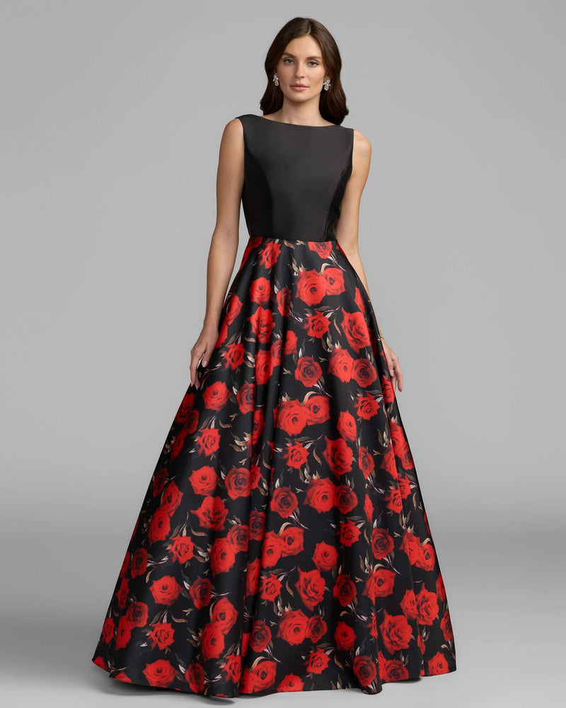 9956469P-Petite Black And Red Floral Open Back Ball Gown polyester cocktail-and-party-dresses by Mac Duggal in red for women in Singapore