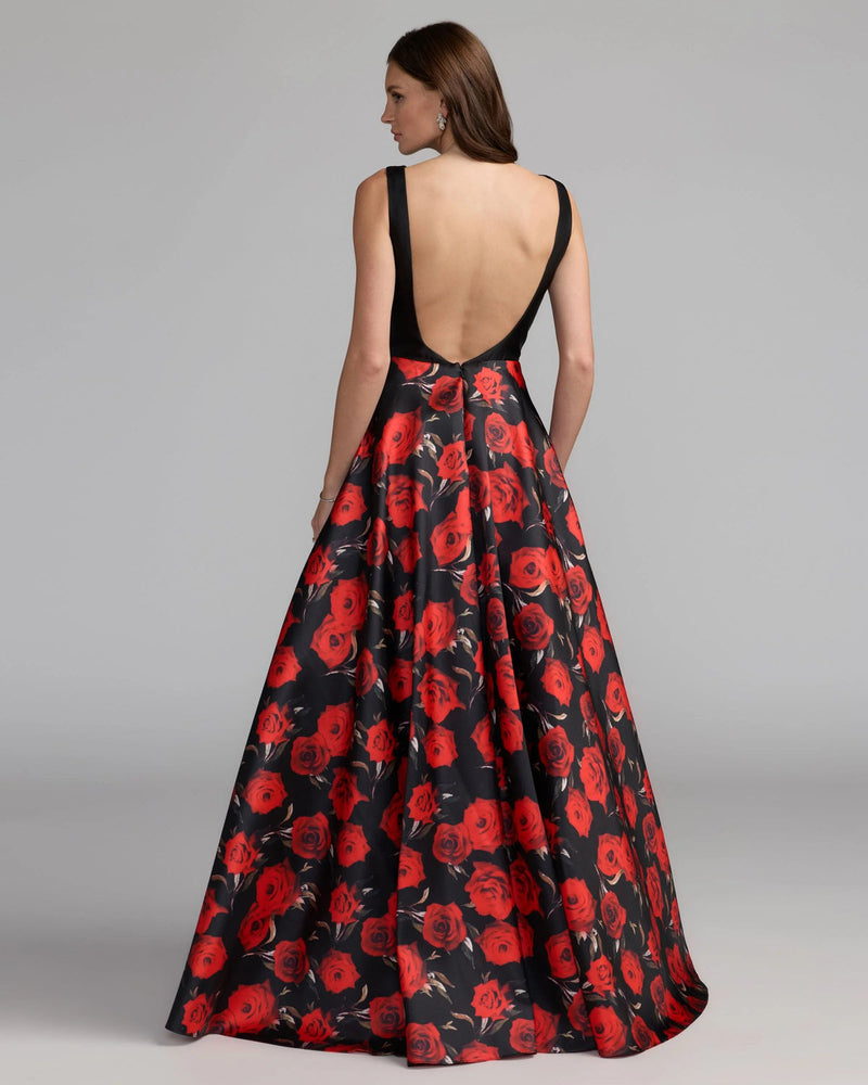 9956469P-Petite Black And Red Floral Open Back Ball Gown polyester cocktail-and-party-dresses by Mac Duggal in red for women in Singapore