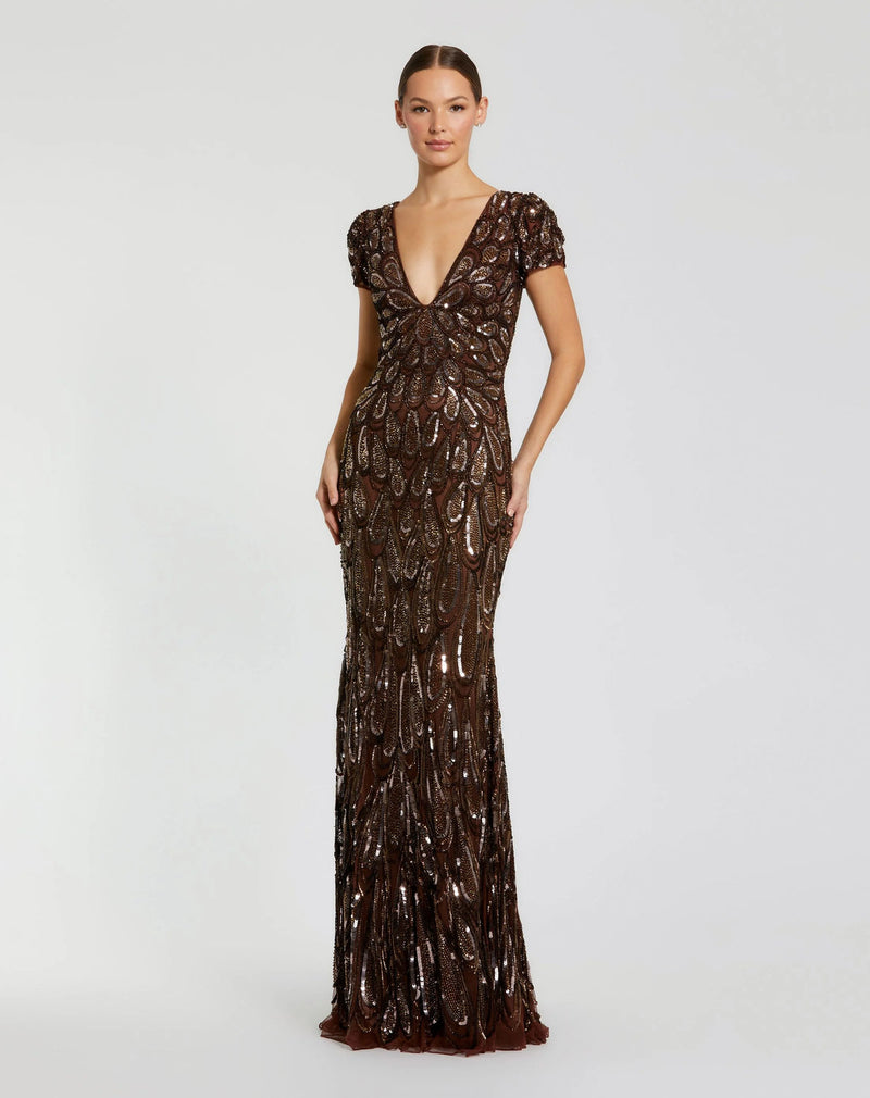 995243P-Petite Brown Embellished Deep V Column Gown polyester evening-gowns by Mac Duggal in brown for women in Singapore