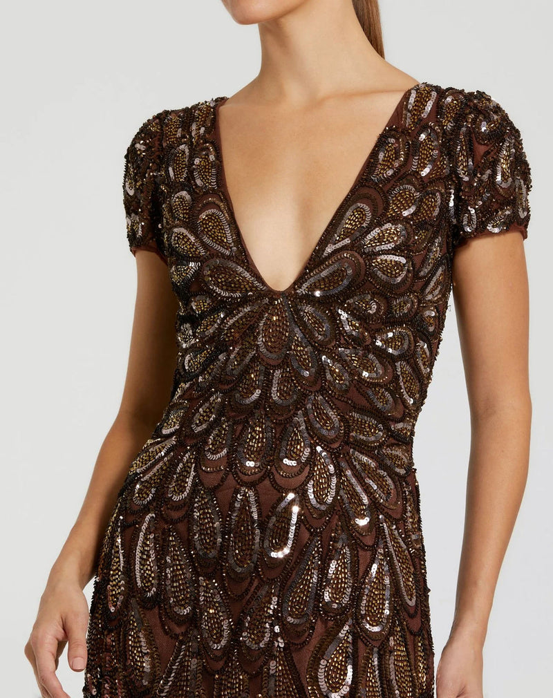 995243P-Petite Brown Embellished Deep V Column Gown polyester evening-gowns by Mac Duggal in brown for women in Singapore