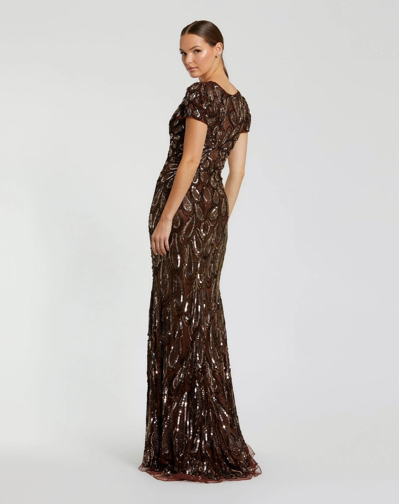 995243P-Petite Brown Embellished Deep V Column Gown polyester evening-gowns by Mac Duggal in brown for women in Singapore