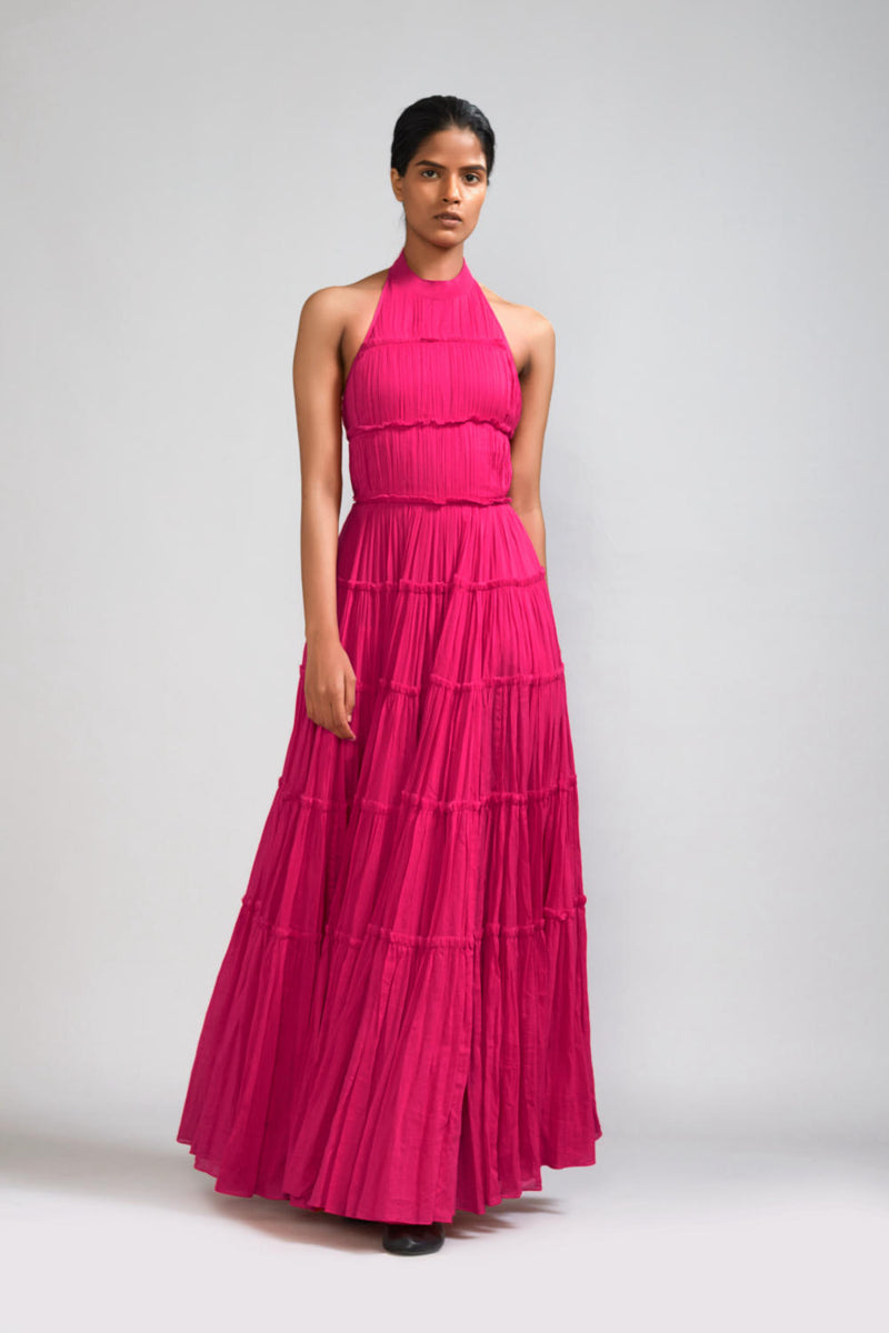 Pink Backless Tiered Gown cotton by Mati in pink color for women in Singapore