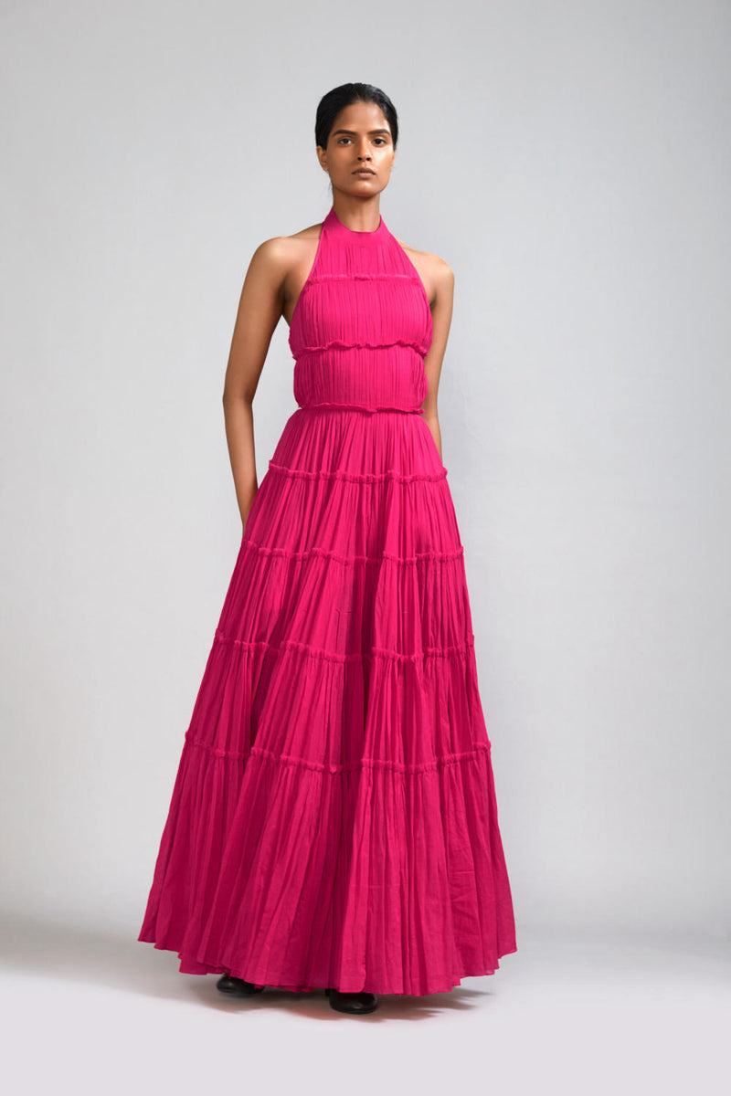 Pink Backless Tiered Gown cotton by Mati in pink color for women in Singapore