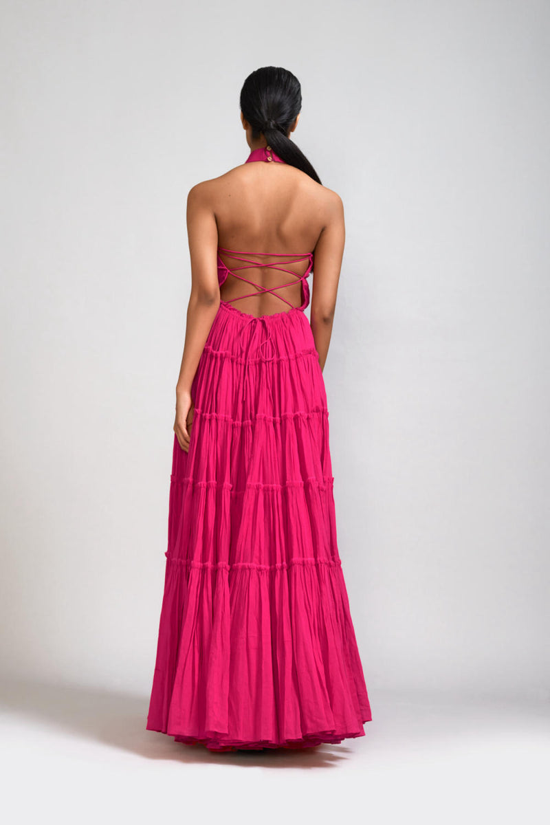 Pink Backless Tiered Gown cotton by Mati in pink color for women in Singapore