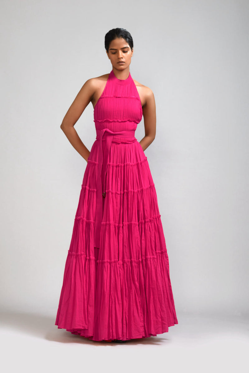 Pink Backless Tiered Gown cotton by Mati in pink color for women in Singapore
