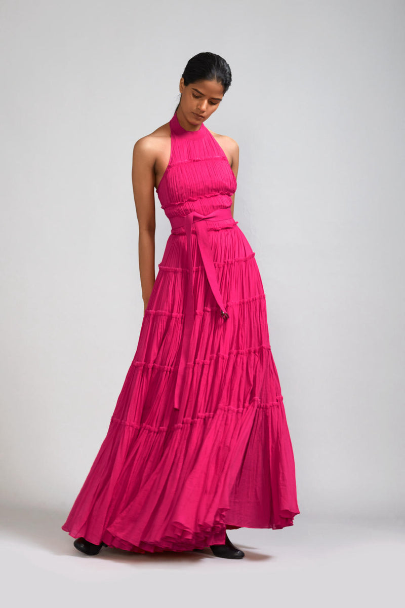 Pink Backless Tiered Gown cotton by Mati in pink color for women in Singapore