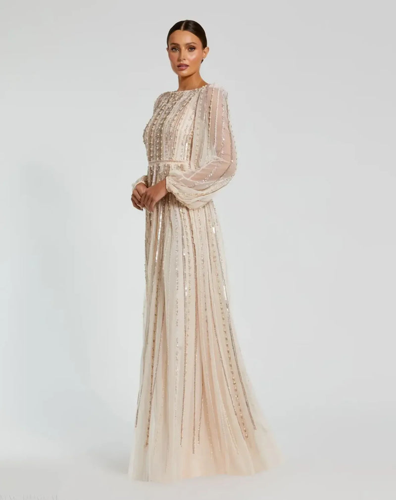 Pink Boat Neck Long Sleeve Gown With Striped Beading by Mac Duggal in peach color for women in Singapore