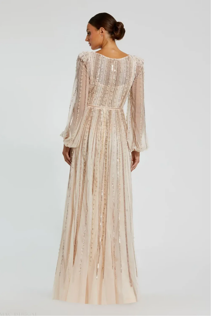 Pink Boat Neck Long Sleeve Gown With Striped Beading by Mac Duggal in peach color for women in Singapore