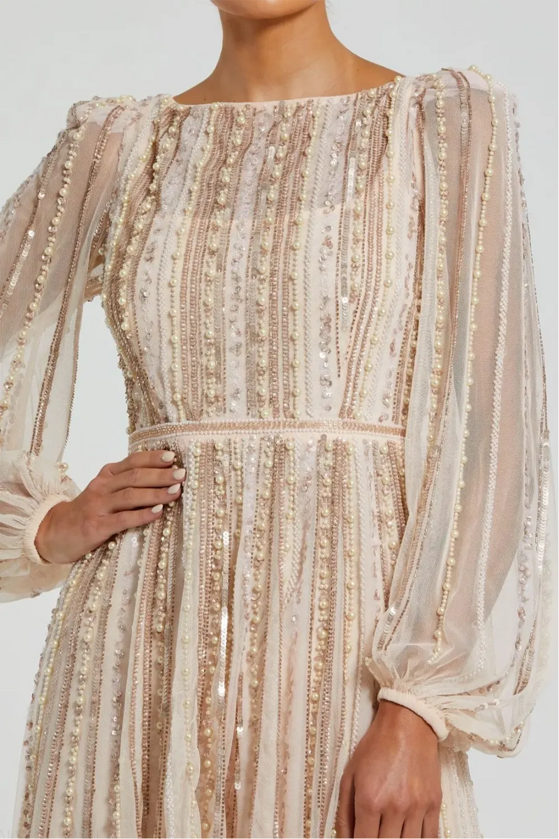 Pink Boat Neck Long Sleeve Gown With Striped Beading by Mac Duggal in peach color for women in Singapore