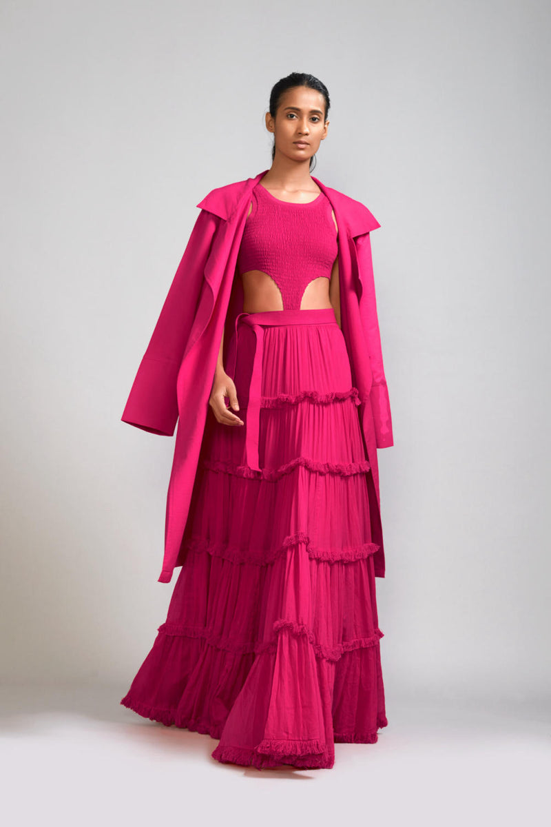 Pink Bodysuit-Lehenga-Jacket Set (3 PCS) cotton Lehenga Sets by Mati in pink color for women in Singapore