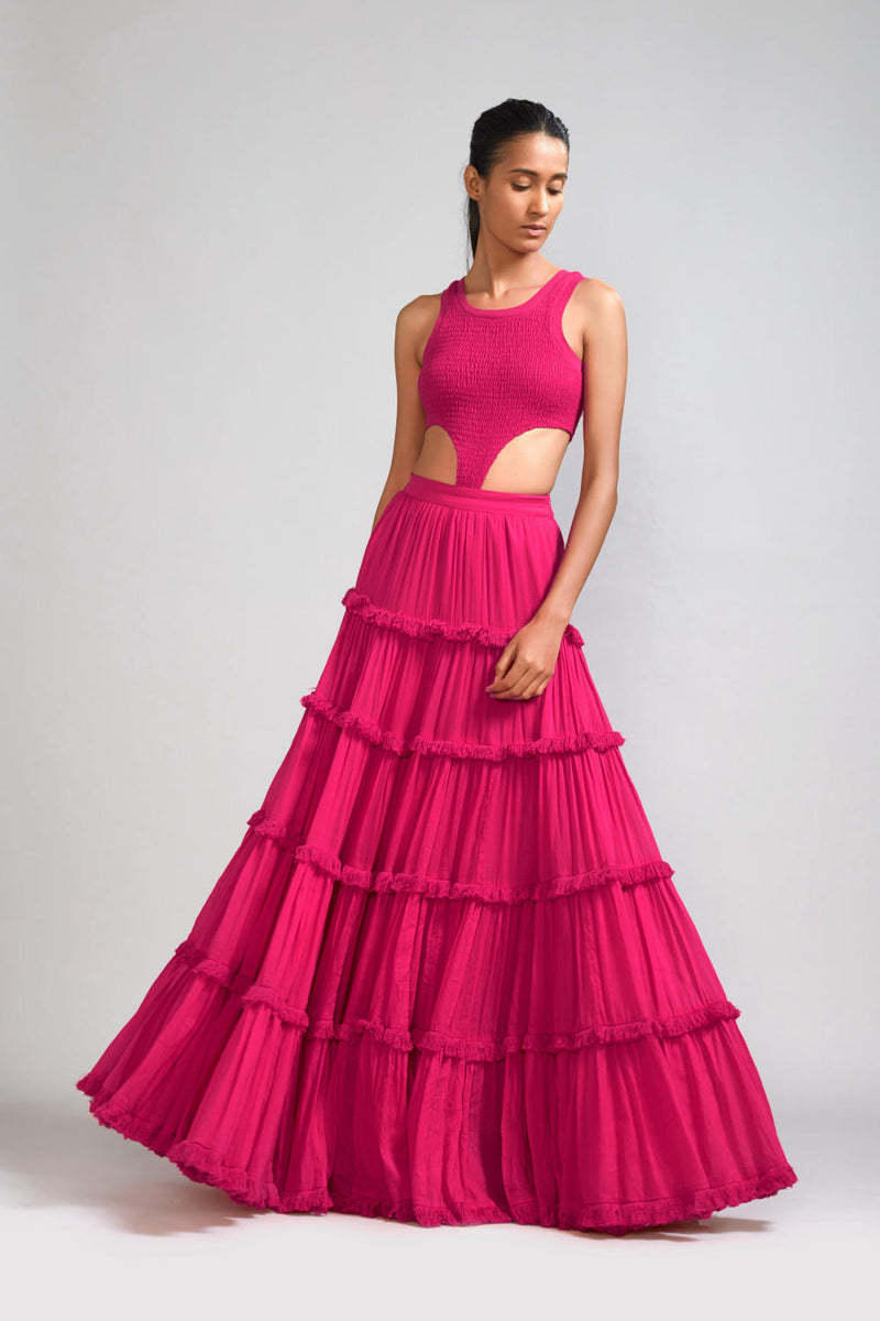 Pink Bodysuit-Lehenga Set (2 PCS) cotton Lehenga Sets by Mati in pink color for women in Singapore