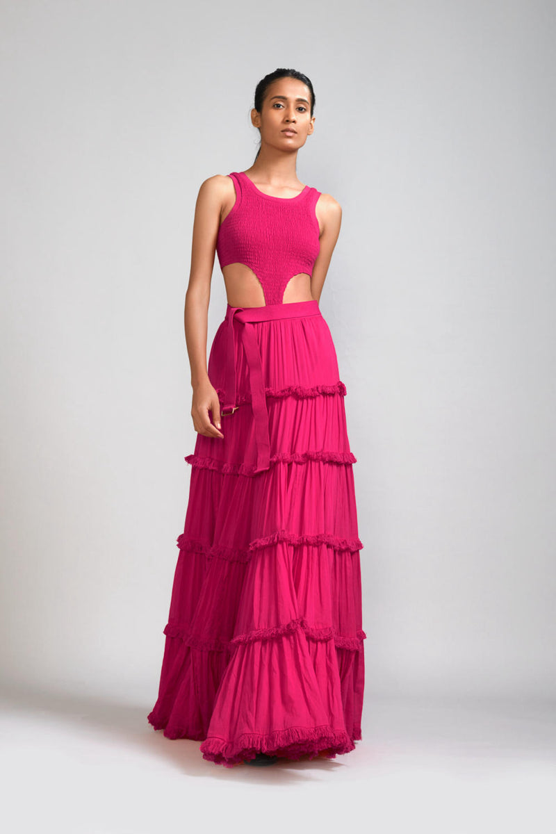 Pink Bodysuit-Lehenga Set (2 PCS) cotton Lehenga Sets by Mati in pink color for women in Singapore