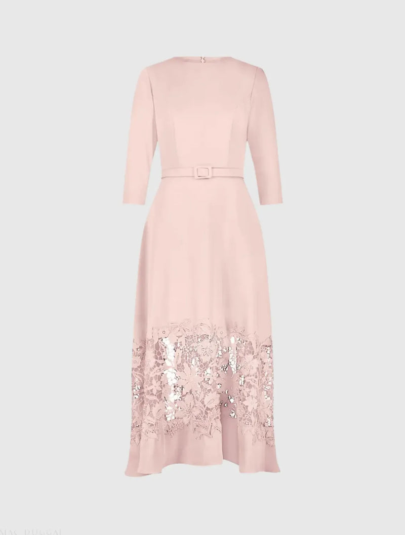 Pink Crepe Boat Neck Midi Dress With Applique Cut Out by Mac Duggal in blush color for women in Singapore