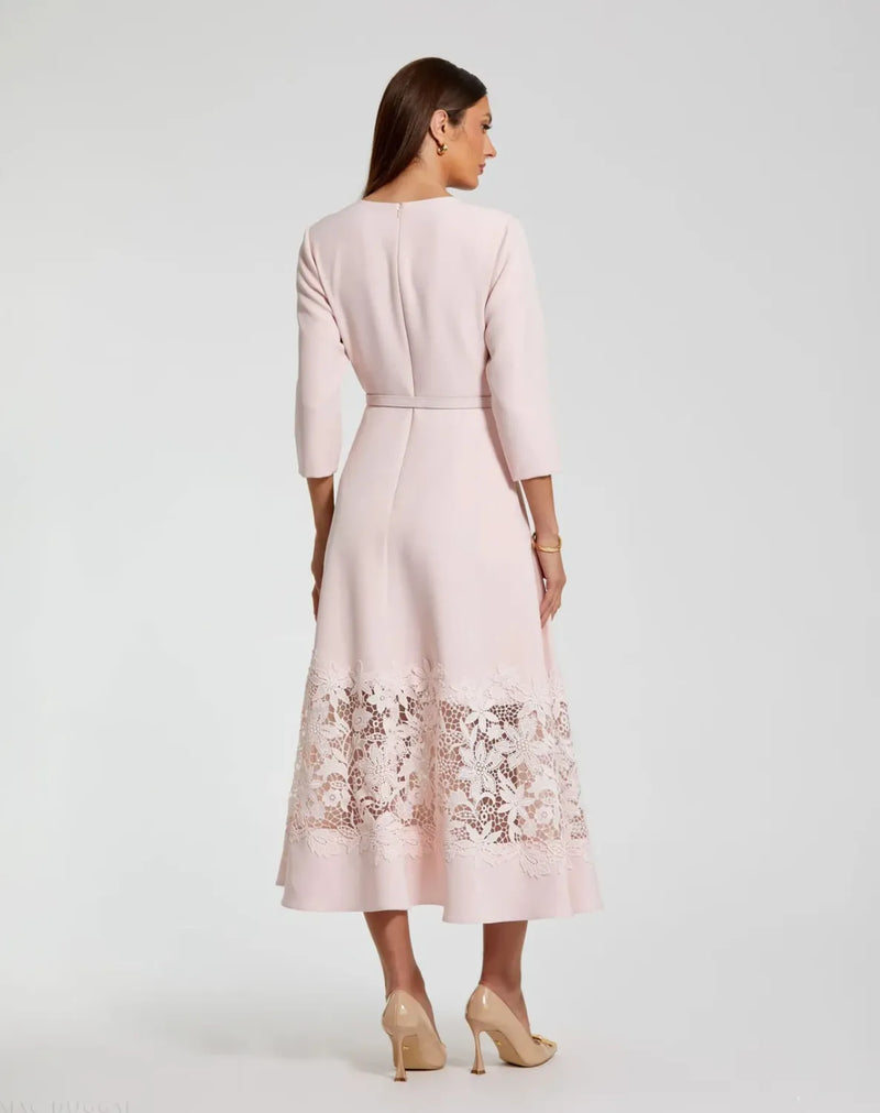 Pink Crepe Boat Neck Midi Dress With Applique Cut Out by Mac Duggal in blush color for women in Singapore