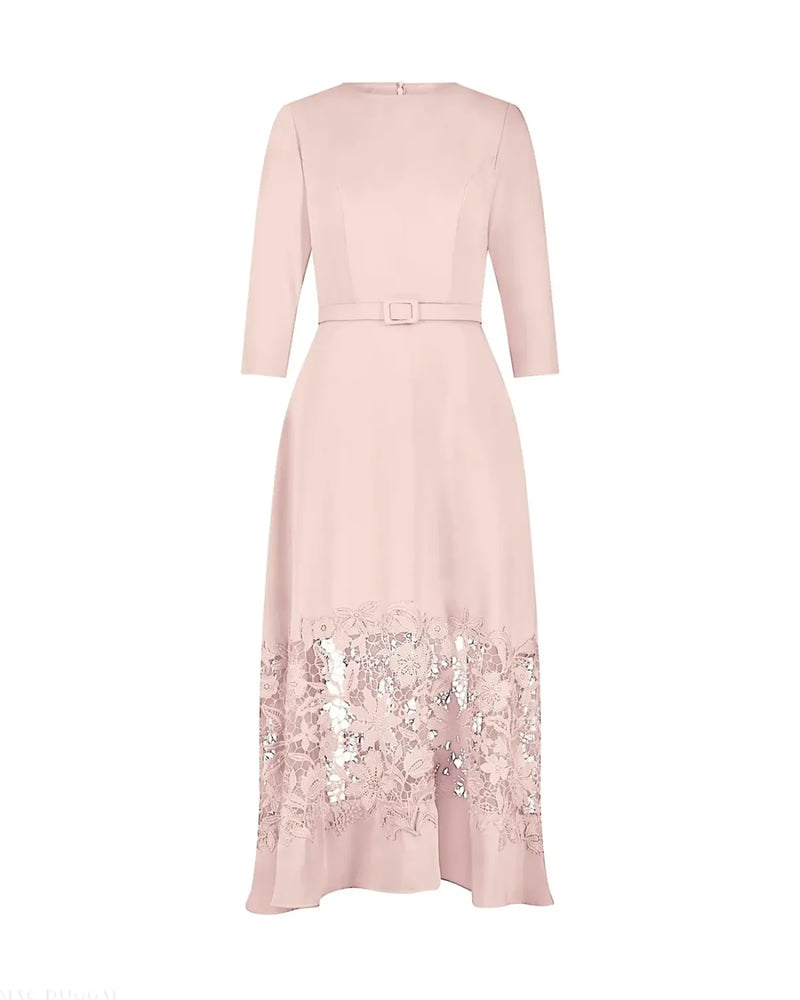 Pink Crepe Boat Neck Midi Dress With Applique Cut Out by Mac Duggal in blush color for women in Singapore