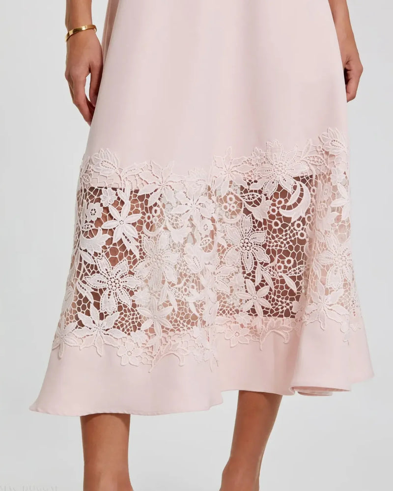 Pink Crepe Boat Neck Midi Dress With Applique Cut Out by Mac Duggal in blush color for women in Singapore