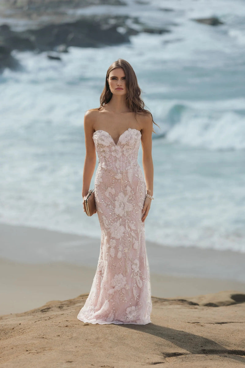 21283-Pink Embellished Lace Strapless Sweetheart Gown polyester evening-gowns by Mac Duggal in white for women in Singapore