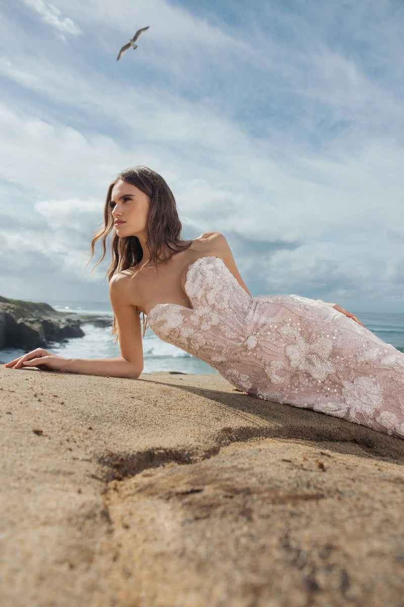 21283-Pink Embellished Lace Strapless Sweetheart Gown polyester evening-gowns by Mac Duggal in white for women in Singapore