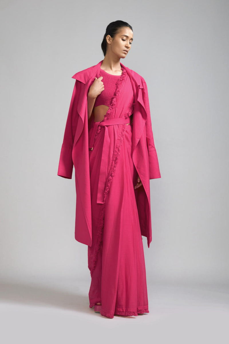 Pink Fringed Saree-Bodysuit-Jacket Set (3 PCS) cotton Saree by Mati in pink color for women in Singapore