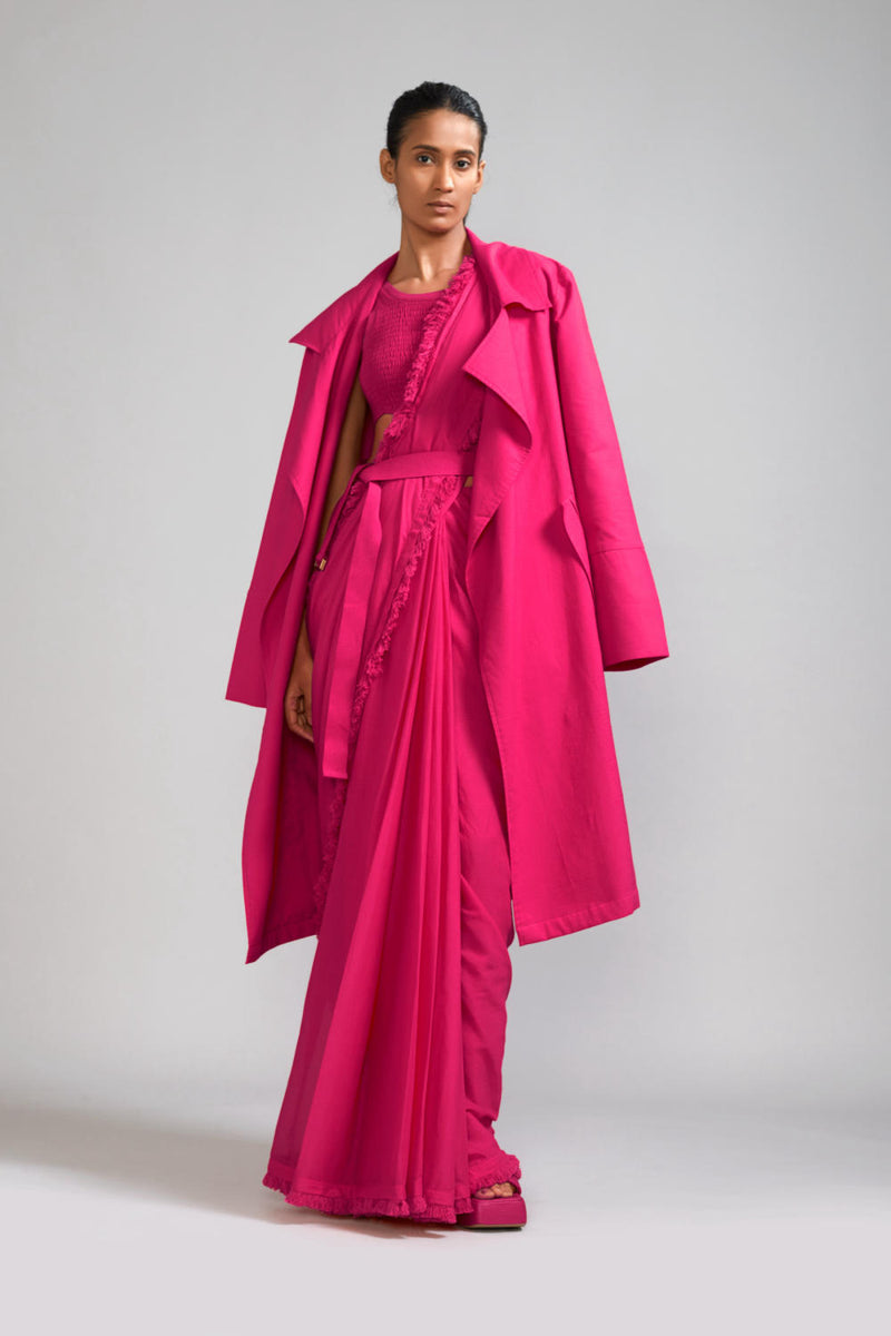 Pink Fringed Saree-Bodysuit-Jacket Set (3 PCS) cotton Saree by Mati in pink color for women in Singapore