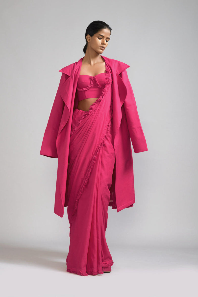 Pink Fringed Saree & Fringed Corset Set (2 PCS) cotton Saree by Mati in pink color for women in Singapore