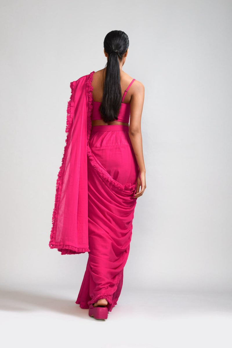 Pink Fringed Saree & Fringed Corset Set (2 PCS) cotton Saree by Mati in pink color for women in Singapore
