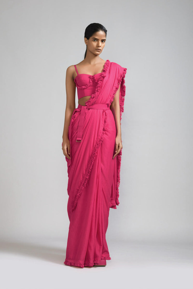Pink Fringed Saree cotton Saree by Mati in pink color for women in Singapore