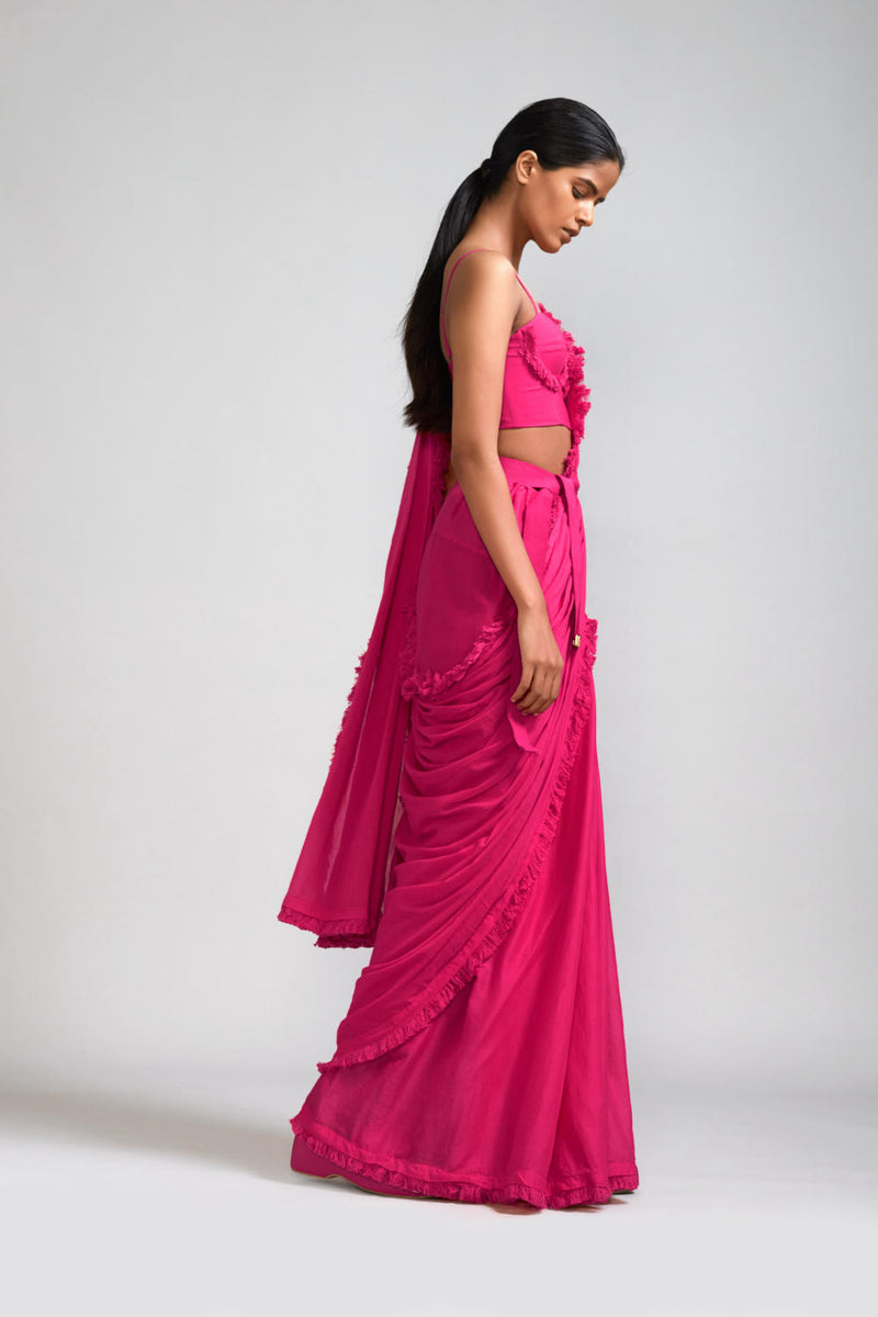 Pink Fringed Saree cotton Saree by Mati in pink color for women in Singapore
