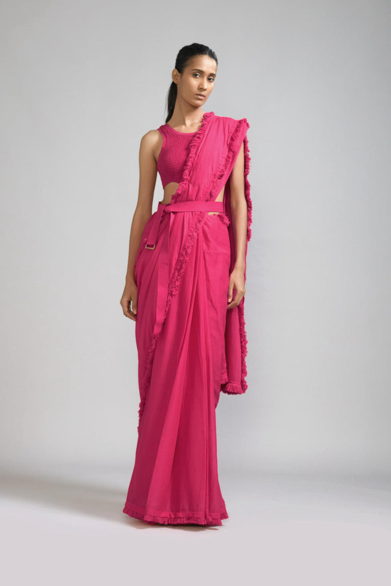 Pink Fringed Saree cotton Saree by Mati in pink color for women in Singapore