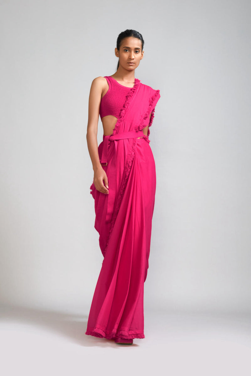 Pink Fringed Saree cotton Saree by Mati in pink color for women in Singapore