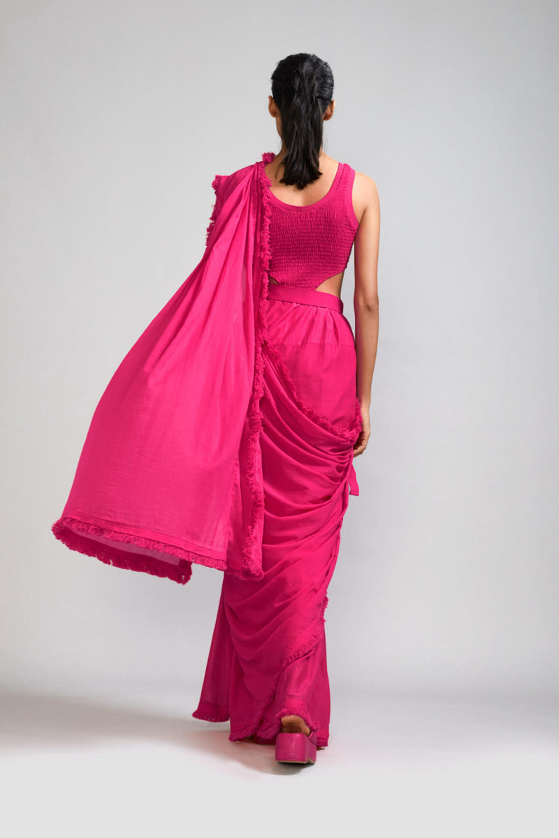 Pink Fringed Saree & Smocked Bodysuit Set (2 PCS) cotton Saree by Mati in pink color for women in Singapore