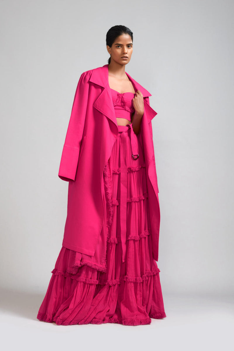 Pink Fringed Tiered Lehenga Jacket Set (3 PCS) cotton Lehenga Sets by Mati in pink color for women in Singapore
